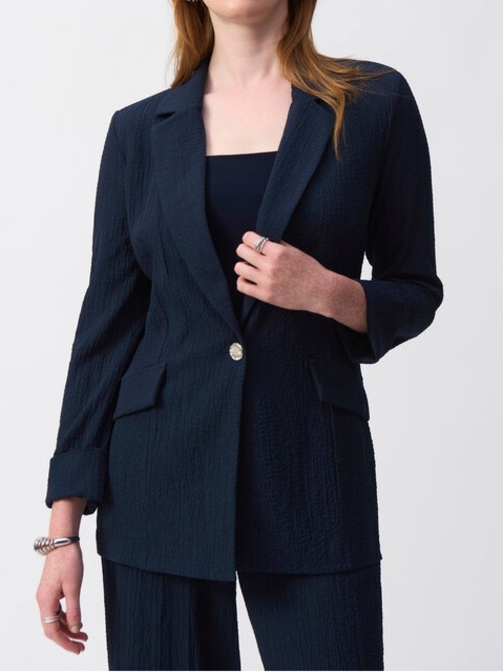 192. Joseph Ribkoff Navy Crinkle Hip Length Blazer Jacket